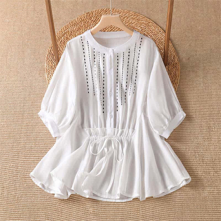 Buddha Stones Camicia da donna estiva casual boho con bottoni, coulisse, orlo svasato e maniche corte. - Bianco - US8-10, UK/AU12-14, EU40-42 (2XL) - image 7