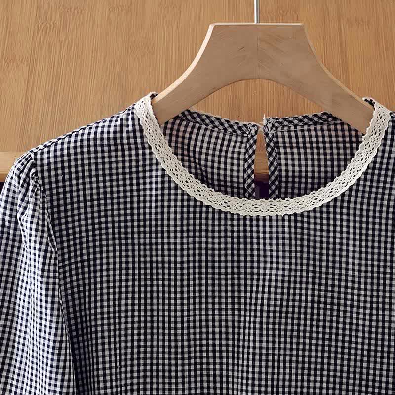Buddha Stones T-shirt da donna a maniche lunghe, elegante, vintage, a quadri, con bordo in pizzo, per primavera/autunno. - image 5
