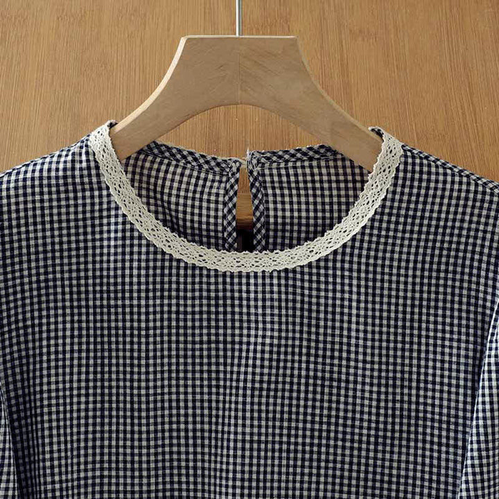 Buddha Stones T-shirt da donna a maniche lunghe, elegante, vintage, a quadri, con bordo in pizzo, per primavera/autunno. - image 3
