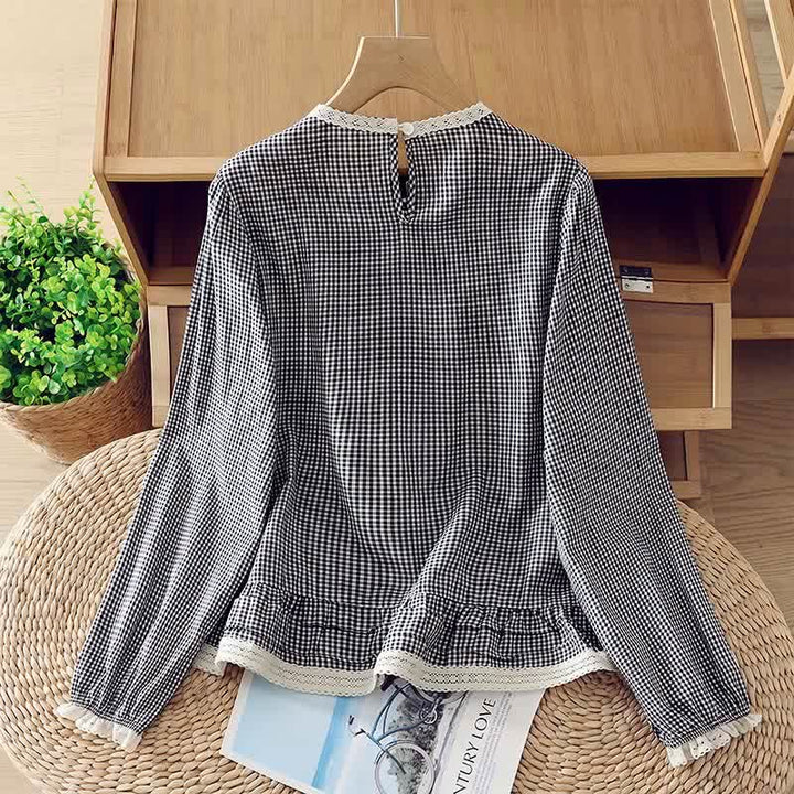 Buddha Stones T-shirt da donna a maniche lunghe, elegante, vintage, a quadri, con bordo in pizzo, per primavera/autunno. - image 1