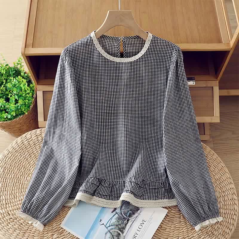 Buddha Stones T-shirt da donna a maniche lunghe, elegante, vintage, a quadri, con bordo in pizzo, per primavera/autunno. - SteelBlue - US8-10, UK/AU12-14, EU40-42 (2XL) - image 0