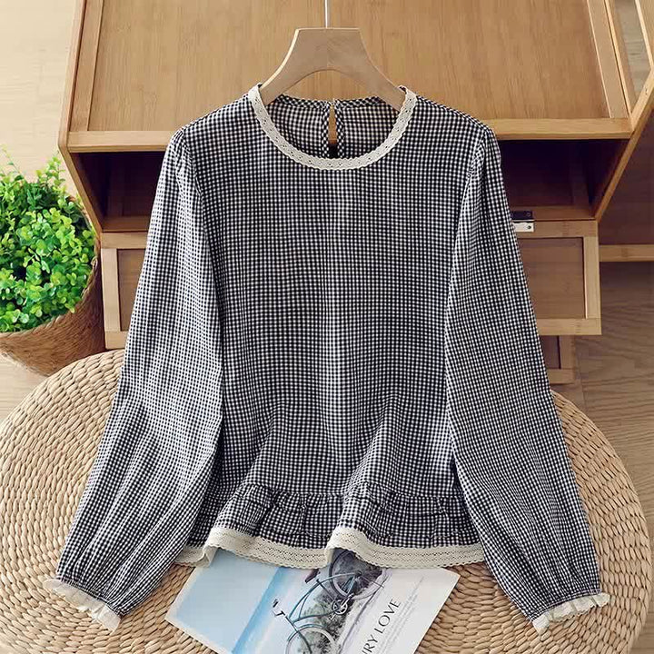 Buddha Stones T-shirt da donna a maniche lunghe, elegante, vintage, a quadri, con bordo in pizzo, per primavera/autunno. - SteelBlue - US8-10, UK/AU12-14, EU40-42 (2XL) - image 0