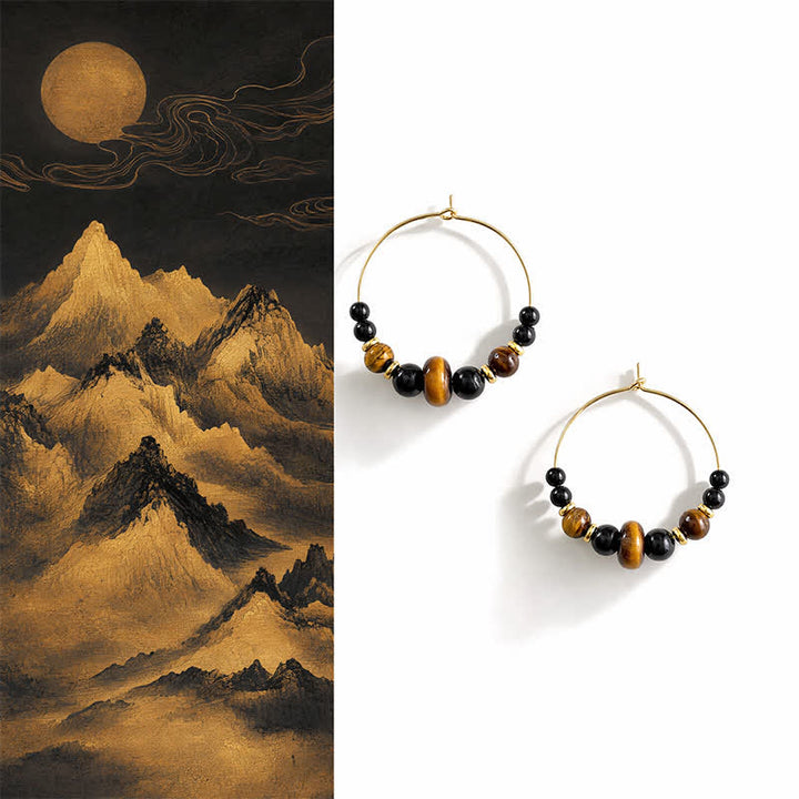 Buddha Stones Orecchini a cerchio in onice nera con occhio di tigre, ideali per la protezione. - Onice nero (pali in rame) - image 0