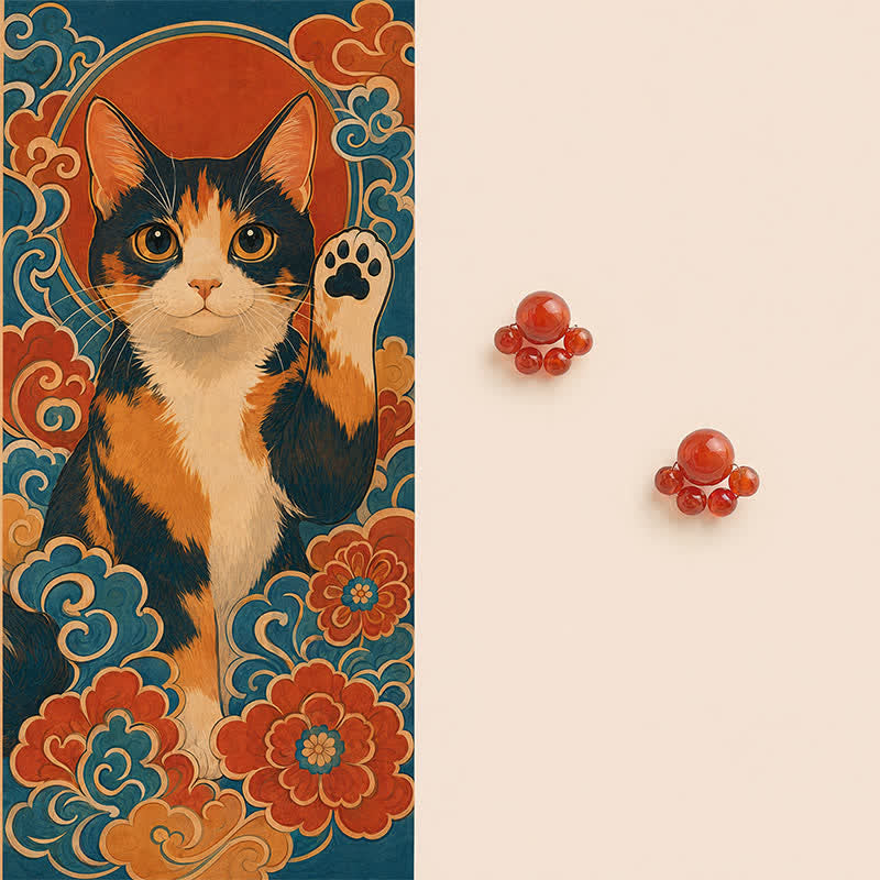 Buddha Stones Orecchini pendenti a forma di zampa di gatto, realizzati a mano in agata rossa, simbolo di fiducia in sé stessi. - Agata rossa (pali di rame) - image 0
