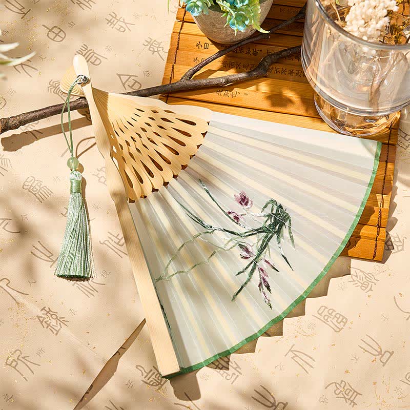 Buddha Stones Vintage Bamboo Orchid Willows Swallows Floral Pattern Growth Nassel Bamboo Folding Fan - image 9