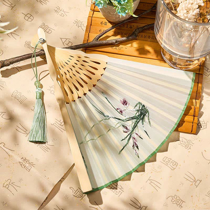 Buddha Stones Vintage Bamboo Orchid Willows Swallows Floral Pattern Growth Nassel Bamboo Folding Fan - image 9