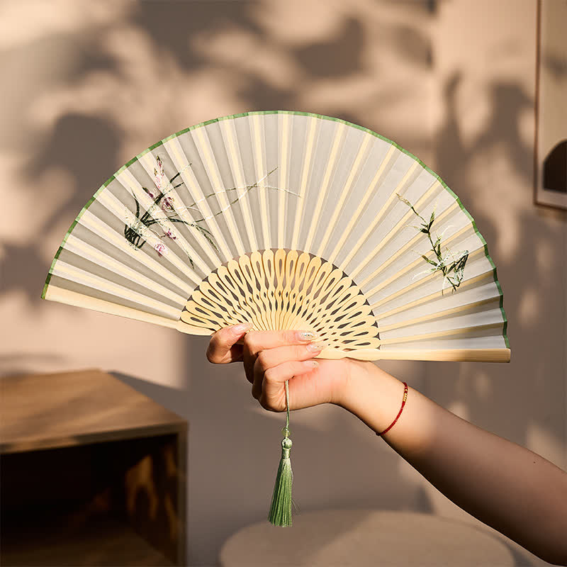 Buddha Stones Vintage Bamboo Orchid Willows Swallows Floral Pattern Growth Nassel Bamboo Folding Fan - image 7