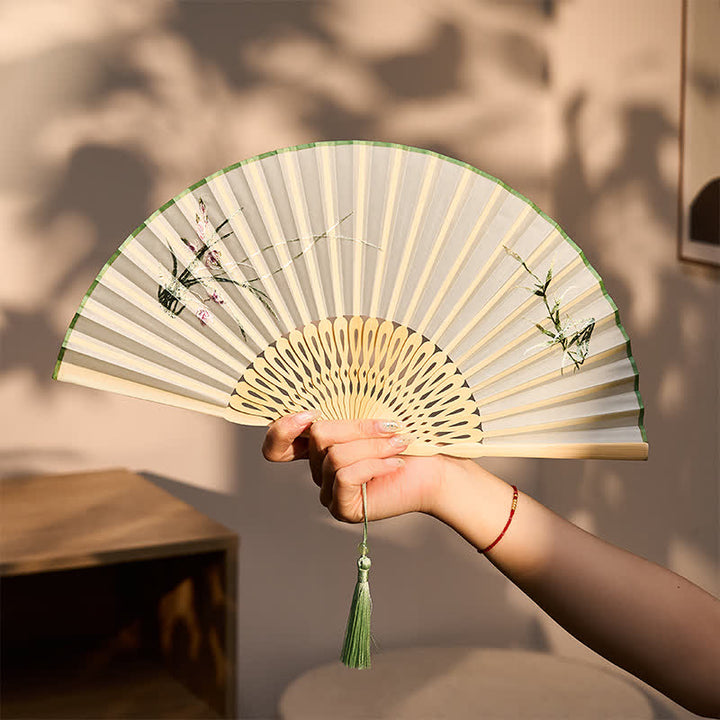 Buddha Stones Vintage Bamboo Orchid Willows Swallows Floral Pattern Growth Nassel Bamboo Folding Fan - image 7