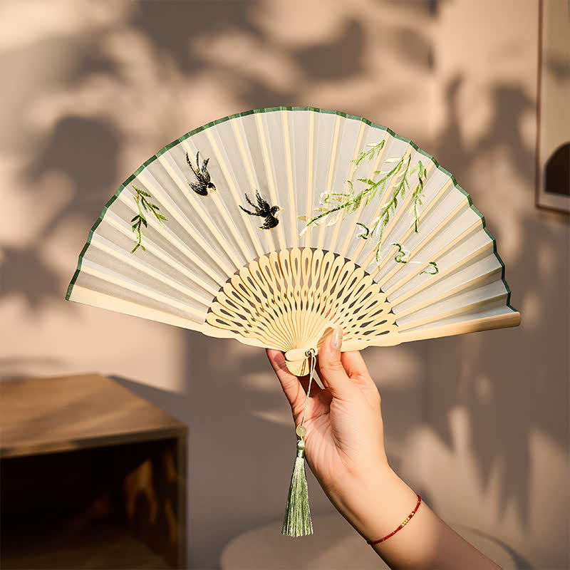 Buddha Stones Vintage Bamboo Orchid Willows Swallows Floral Pattern Growth Nassel Bamboo Folding Fan - image 1