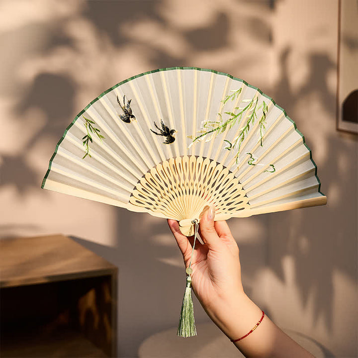 Buddha Stones Vintage Bamboo Orchid Willows Swallows Floral Pattern Growth Nassel Bamboo Folding Fan - image 1