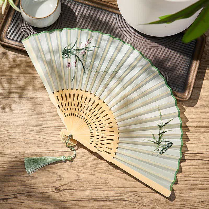 Buddha Stones Vintage Bamboo Orchid Willows Swallows Floral Pattern Growth Nassel Bamboo Folding Fan - image 10