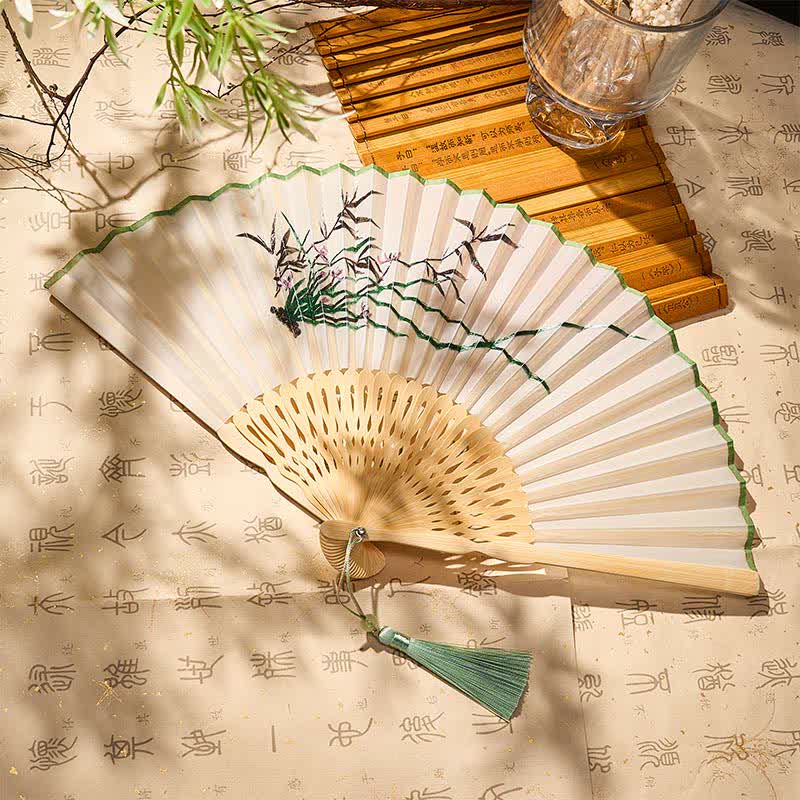 Buddha Stones Vintage Bamboo Orchid Willows Swallows Floral Pattern Growth Nassel Bamboo Folding Fan - Orchidee viola in bambù (dimensioni da chiuso: circa 21 cm / 8,3 pollici) - image 12