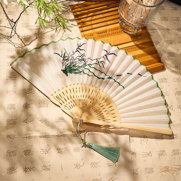 Buddha Stones Vintage Bamboo Orchid Willows Swallows Floral Pattern Growth Nassel Bamboo Folding Fan - Orchidee viola in bambù (dimensioni da chiuso: circa 21 cm / 8,3 pollici) - image 12