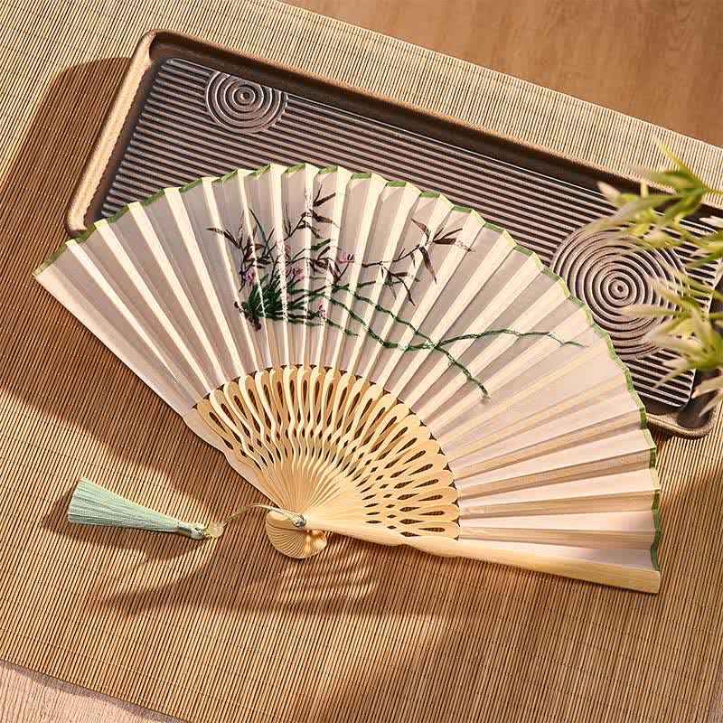 Buddha Stones Vintage Bamboo Orchid Willows Swallows Floral Pattern Growth Nassel Bamboo Folding Fan - image 17