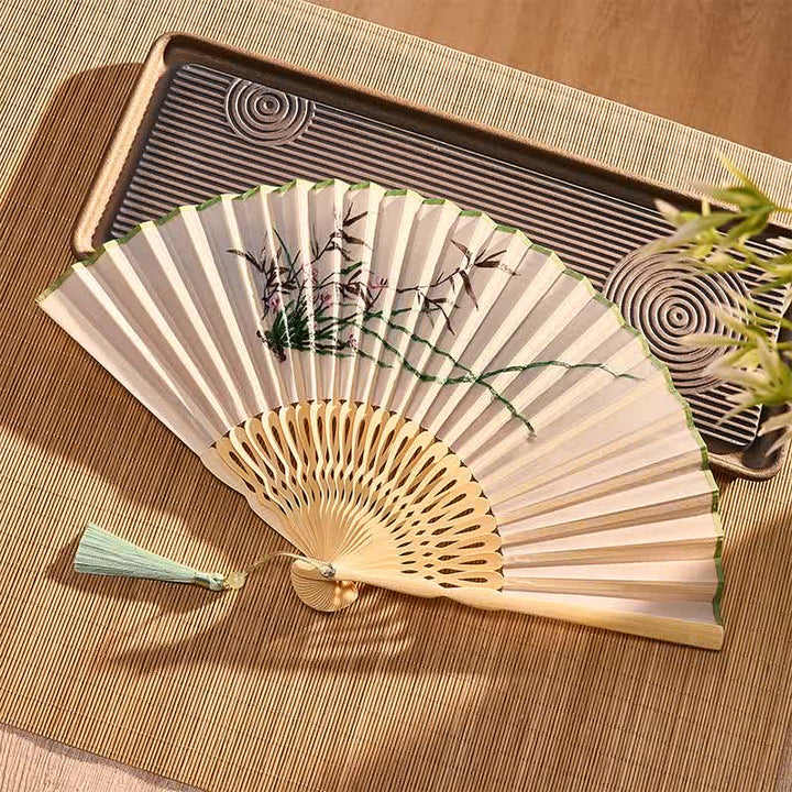 Buddha Stones Vintage Bamboo Orchid Willows Swallows Floral Pattern Growth Nassel Bamboo Folding Fan - image 17