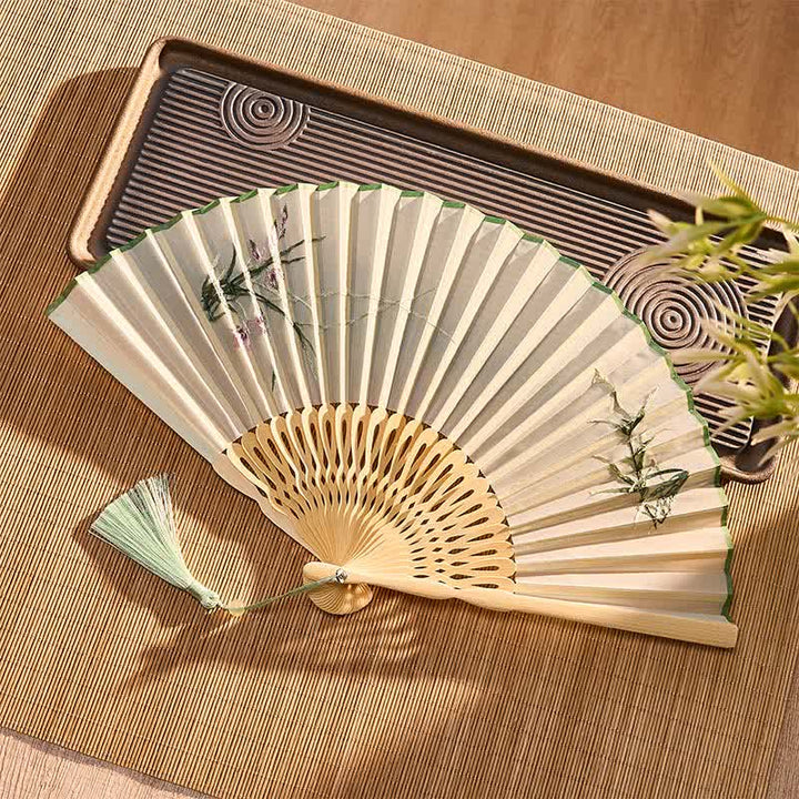 Buddha Stones Vintage Bamboo Orchid Willows Swallows Floral Pattern Growth Nassel Bamboo Folding Fan - image 11