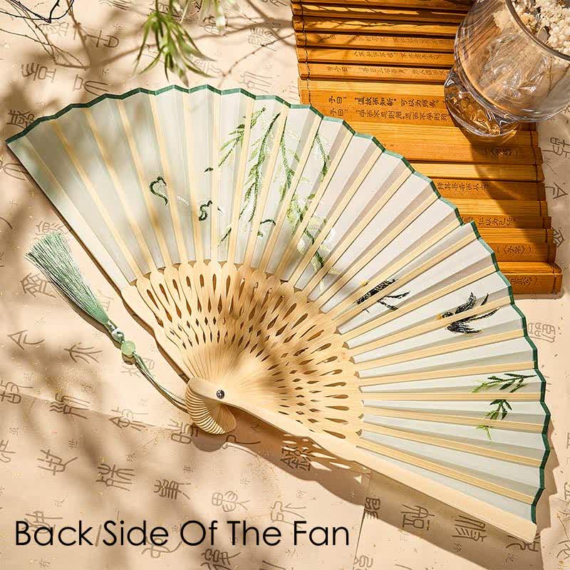 Buddha Stones Vintage Bamboo Orchid Willows Swallows Floral Pattern Growth Nassel Bamboo Folding Fan - image 2