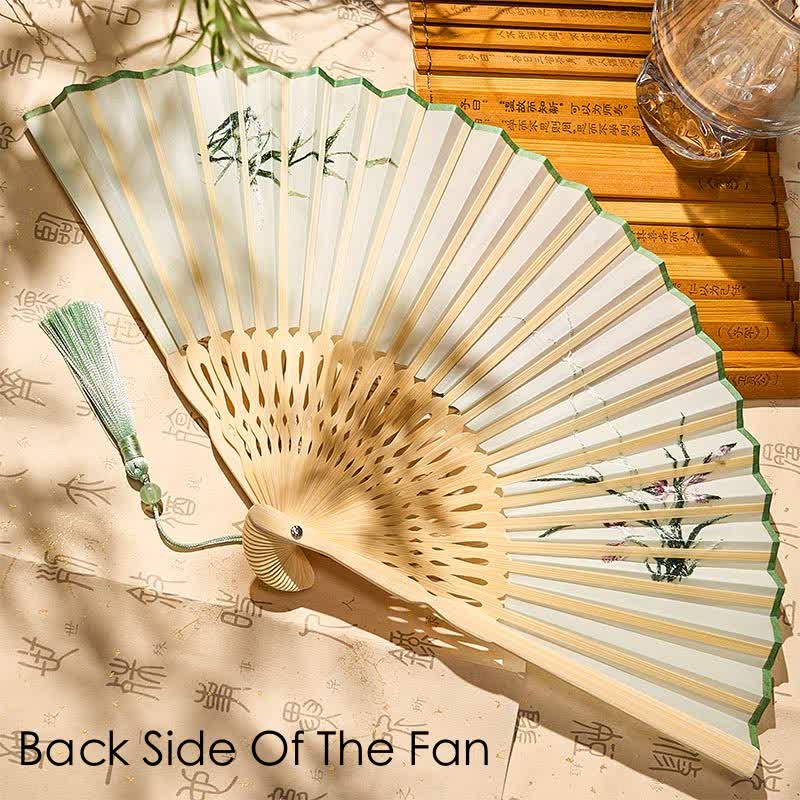 Buddha Stones Vintage Bamboo Orchid Willows Swallows Floral Pattern Growth Nassel Bamboo Folding Fan - image 8