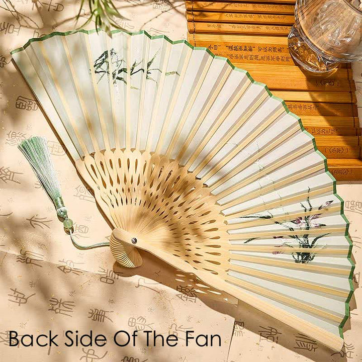 Buddha Stones Vintage Bamboo Orchid Willows Swallows Floral Pattern Growth Nassel Bamboo Folding Fan - image 8