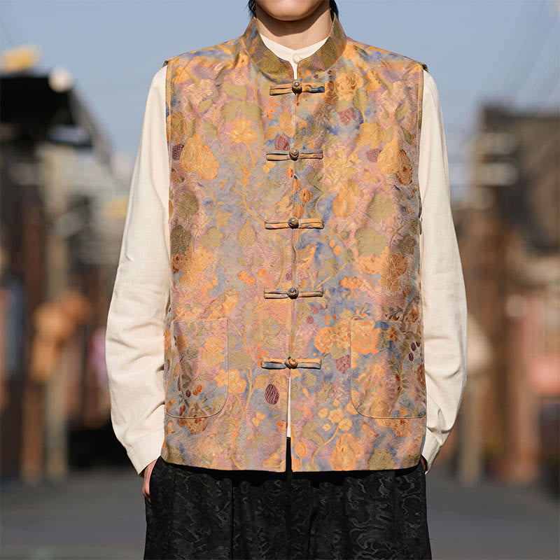 Buddha Stones Gilet da uomo stile Tang vintage con colletto alla coreana, bottoni a rana e stampa floreale, con tasche, per primavera, estate e autunno. - Legno robusto - US/UK/AU46, EU56 (5XL) - image 0