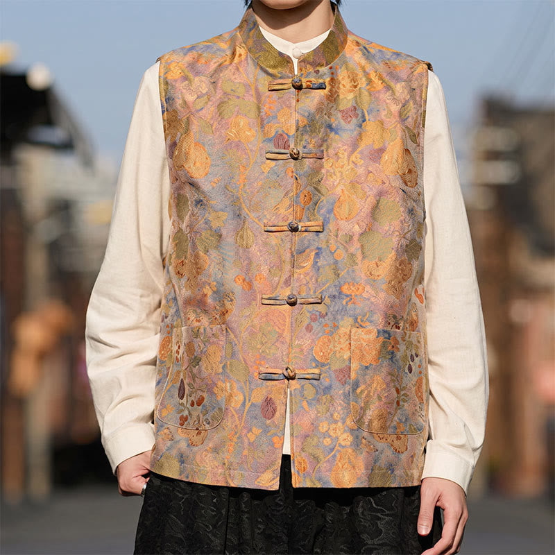 Buddha Stones Gilet da uomo stile Tang vintage con colletto alla coreana, bottoni a rana e stampa floreale, con tasche, per primavera, estate e autunno. - image 1