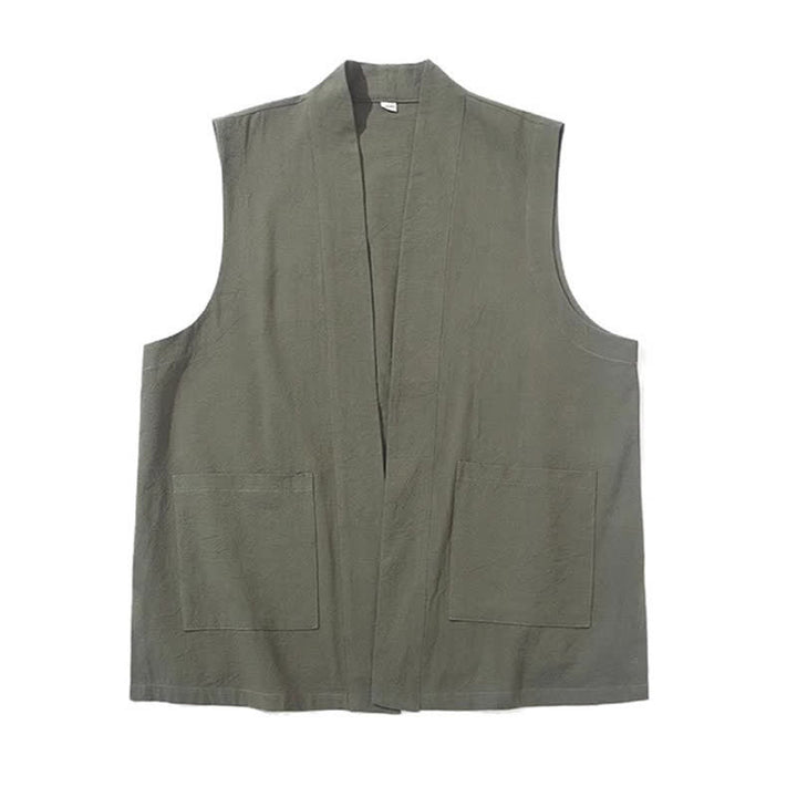 Buddha Stones Gilet da uomo casual in cotone tinta unita stile Tang con tasca applicata, primavera estate autunno - image 23