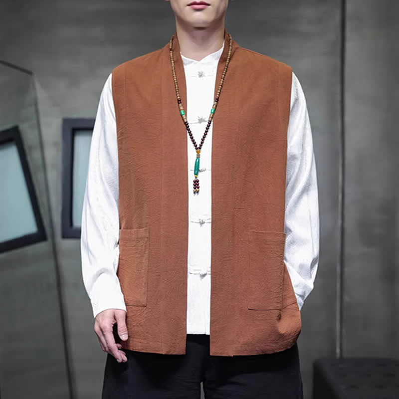 Buddha Stones Gilet da uomo casual in cotone tinta unita stile Tang con tasca applicata, primavera estate autunno - Perù - US/UK/AU46, EU56 (5XL) - image 0