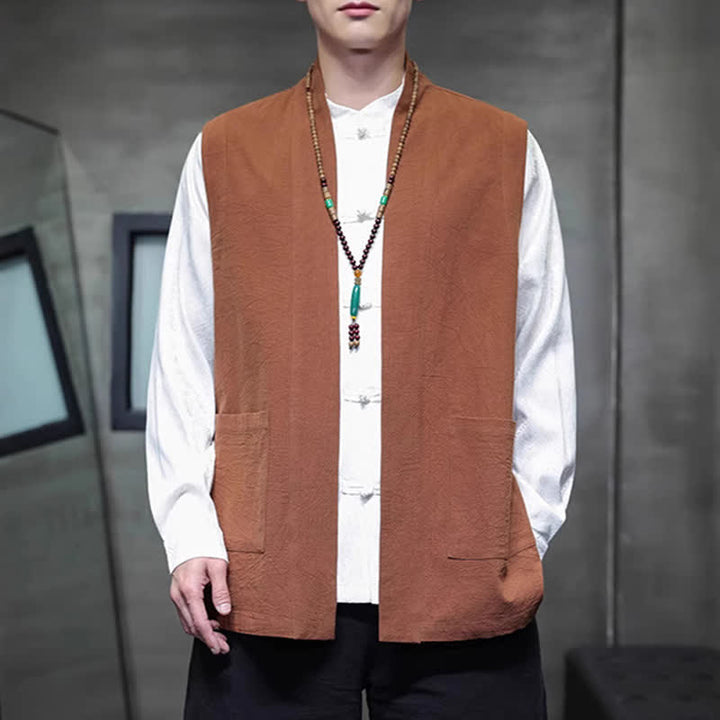 Buddha Stones Gilet da uomo casual in cotone tinta unita stile Tang con tasca applicata, primavera estate autunno - Perù - US/UK/AU46, EU56 (5XL) - image 0