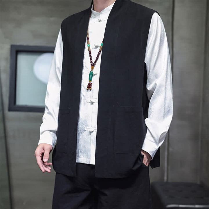 Buddha Stones Gilet da uomo casual in cotone tinta unita stile Tang con tasca applicata, primavera estate autunno - image 17