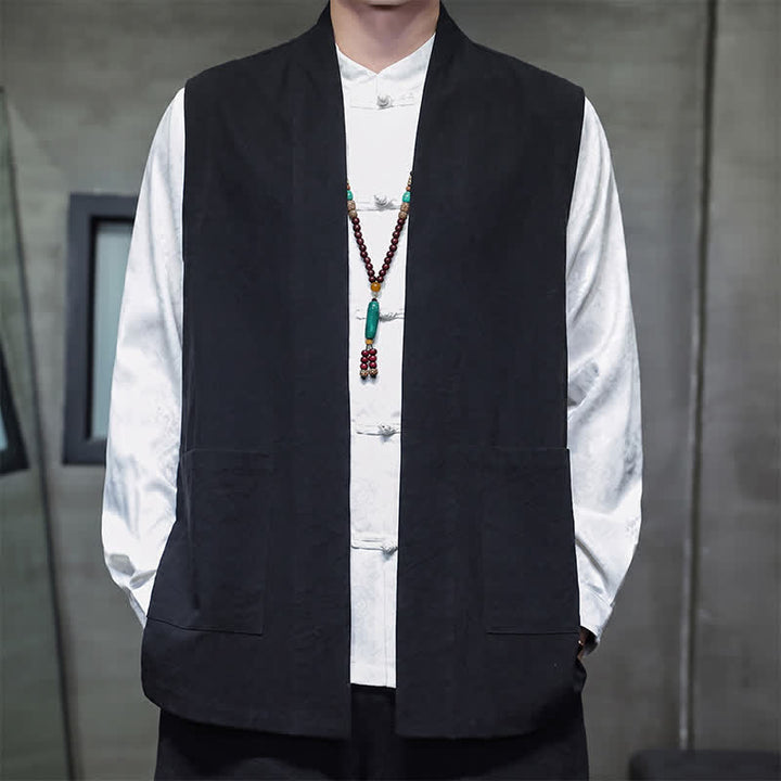Buddha Stones Gilet da uomo casual in cotone tinta unita stile Tang con tasca applicata, primavera estate autunno - Nero - US/UK/AU46, EU56 (5XL) - image 14