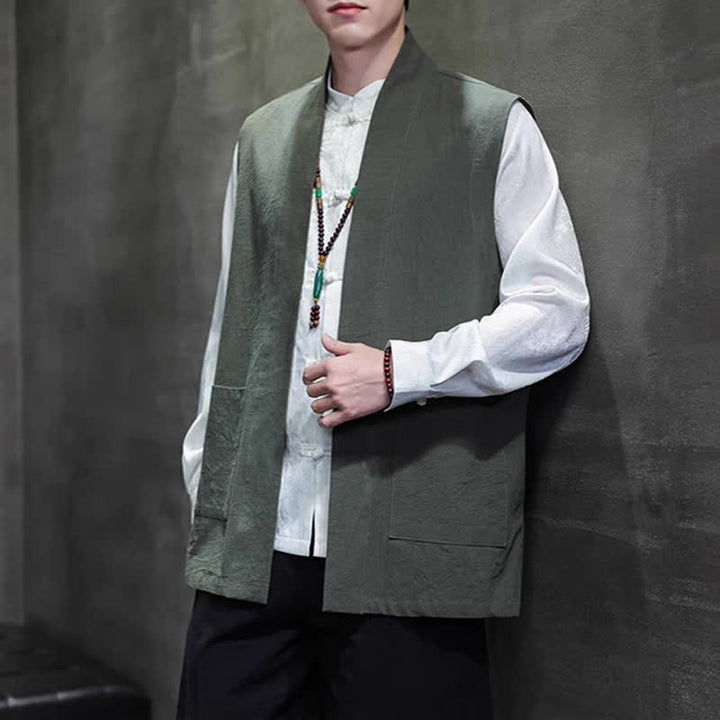 Buddha Stones Gilet da uomo casual in cotone tinta unita stile Tang con tasca applicata, primavera estate autunno - Verde oliva scuro - US/UK/AU46, EU56 (5XL) - image 24