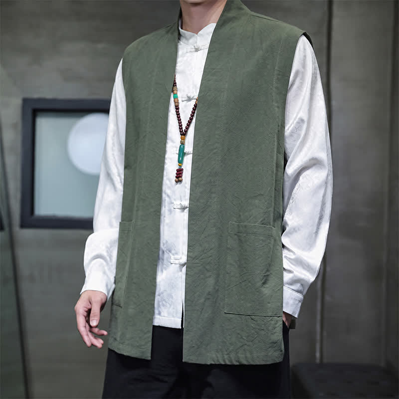 Buddha Stones Gilet da uomo casual in cotone tinta unita stile Tang con tasca applicata, primavera estate autunno - image 25