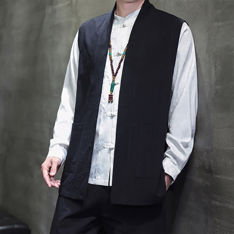 Buddha Stones Gilet da uomo casual in cotone tinta unita stile Tang con tasca applicata, primavera estate autunno - image 16