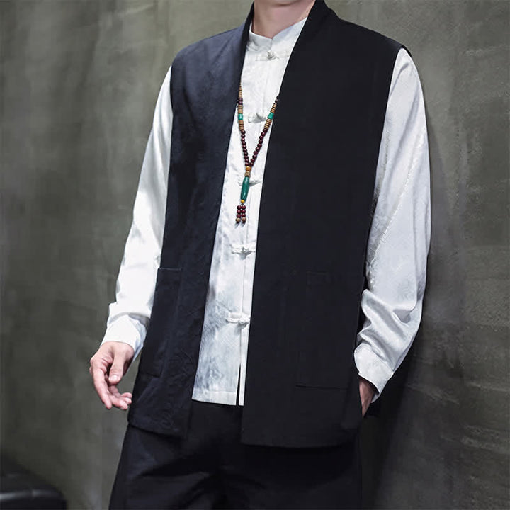 Buddha Stones Gilet da uomo casual in cotone tinta unita stile Tang con tasca applicata, primavera estate autunno - image 16