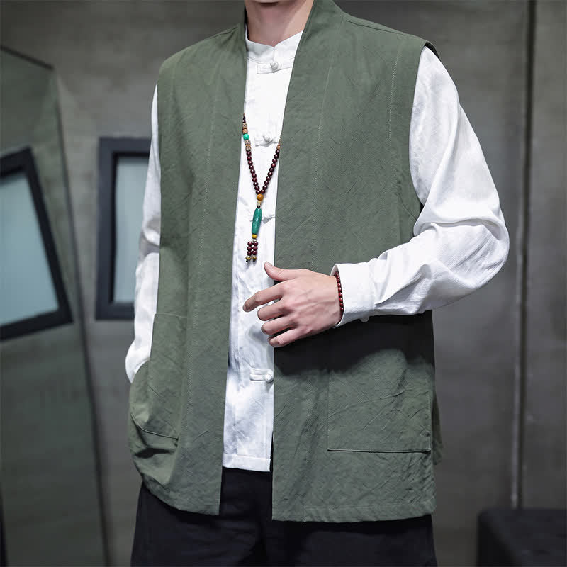 Buddha Stones Gilet da uomo casual in cotone tinta unita stile Tang con tasca applicata, primavera estate autunno - image 28