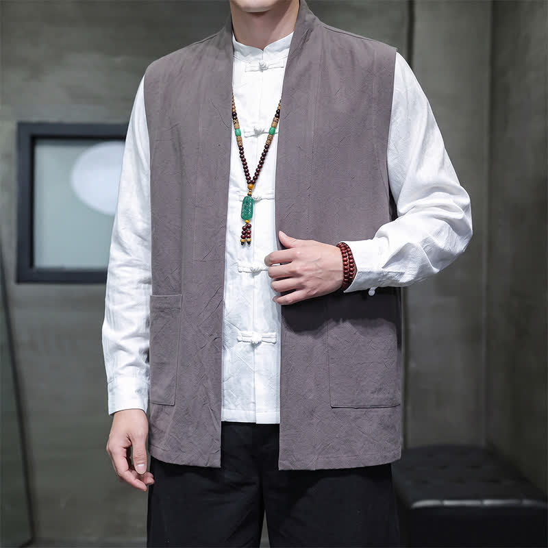 Buddha Stones Gilet da uomo casual in cotone tinta unita stile Tang con tasca applicata, primavera estate autunno - image 9