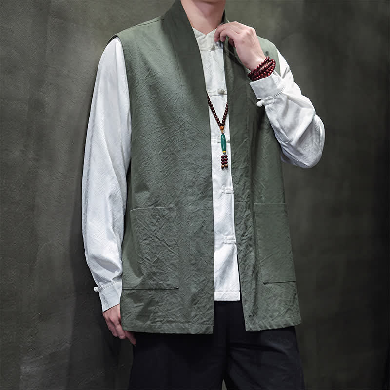 Buddha Stones Gilet da uomo casual in cotone tinta unita stile Tang con tasca applicata, primavera estate autunno - image 30