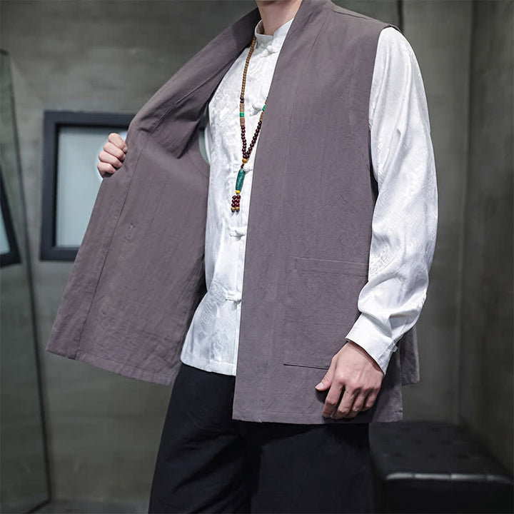 Buddha Stones Gilet da uomo casual in cotone tinta unita stile Tang con tasca applicata, primavera estate autunno - image 12