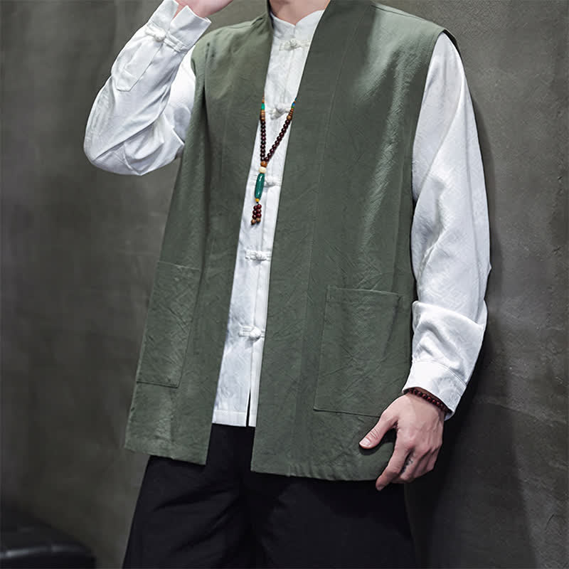 Buddha Stones Gilet da uomo casual in cotone tinta unita stile Tang con tasca applicata, primavera estate autunno - image 27