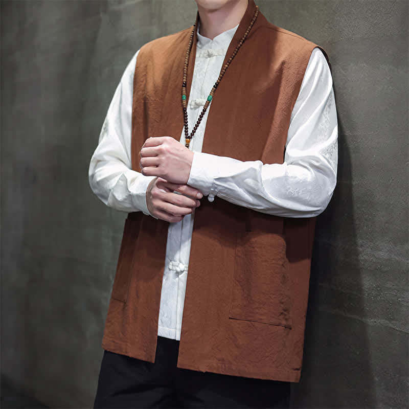 Buddha Stones Gilet da uomo casual in cotone tinta unita stile Tang con tasca applicata, primavera estate autunno - image 2