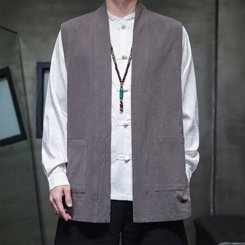 Buddha Stones Gilet da uomo casual in cotone tinta unita stile Tang con tasca applicata, primavera estate autunno - Grigio - US/UK/AU46, EU56 (5XL) - image 6