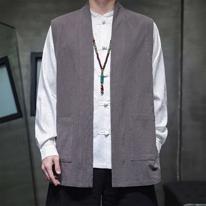 Buddha Stones Gilet da uomo casual in cotone tinta unita stile Tang con tasca applicata, primavera estate autunno - Grigio - US/UK/AU46, EU56 (5XL) - image 6