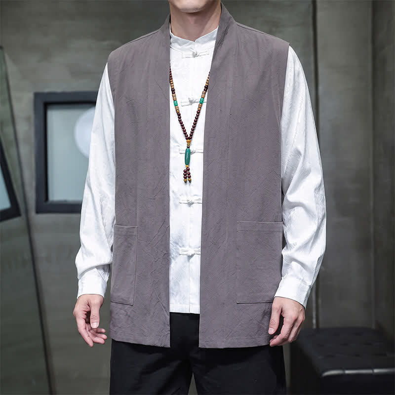 Buddha Stones Gilet da uomo casual in cotone tinta unita stile Tang con tasca applicata, primavera estate autunno - image 7