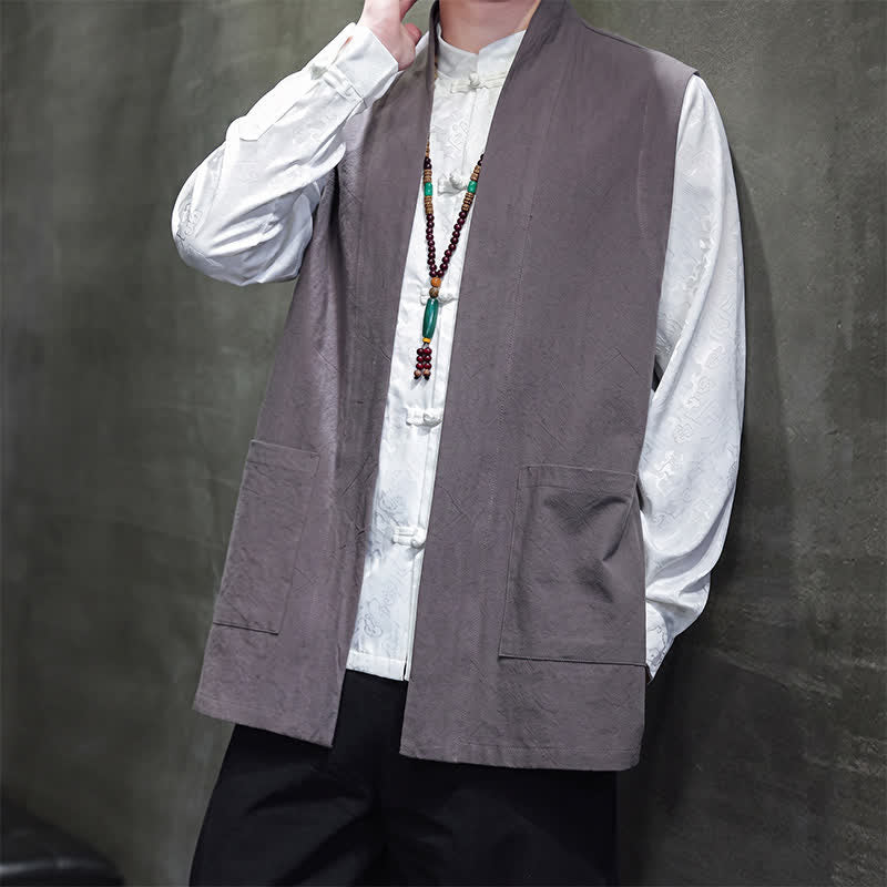 Buddha Stones Gilet da uomo casual in cotone tinta unita stile Tang con tasca applicata, primavera estate autunno - image 10