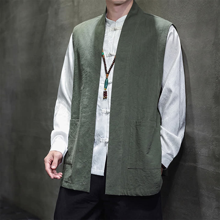 Buddha Stones Gilet da uomo casual in cotone tinta unita stile Tang con tasca applicata, primavera estate autunno - image 26