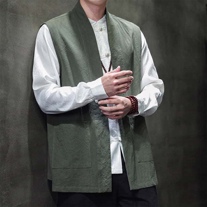 Buddha Stones Gilet da uomo casual in cotone tinta unita stile Tang con tasca applicata, primavera estate autunno - image 31