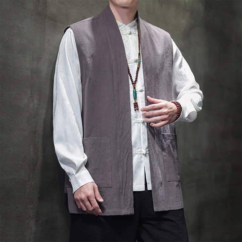 Buddha Stones Gilet da uomo casual in cotone tinta unita stile Tang con tasca applicata, primavera estate autunno - image 13