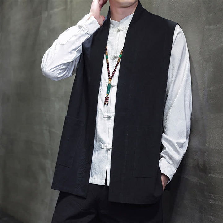Buddha Stones Gilet da uomo casual in cotone tinta unita stile Tang con tasca applicata, primavera estate autunno - image 19