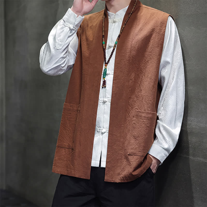 Buddha Stones Gilet da uomo casual in cotone tinta unita stile Tang con tasca applicata, primavera estate autunno - image 3