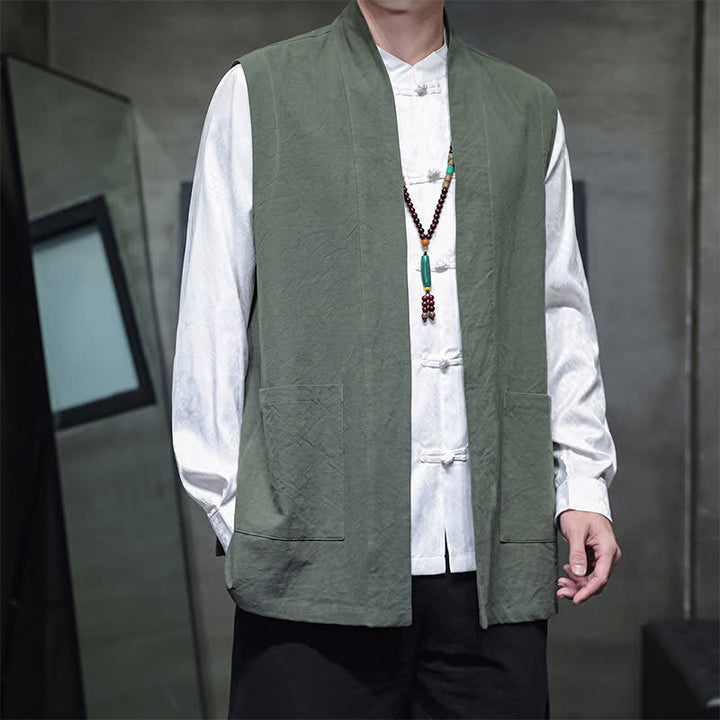 Buddha Stones Gilet da uomo casual in cotone tinta unita stile Tang con tasca applicata, primavera estate autunno - image 29